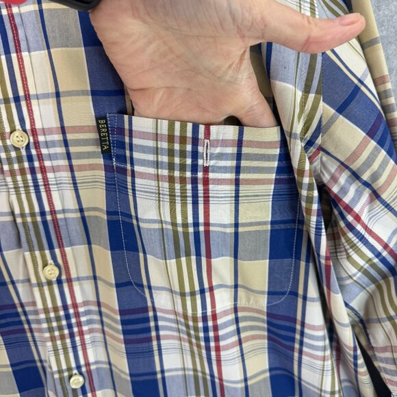 Beretta Mens Collared‎ Button-Up Shirt Plaid Long Sleeve Blue Cream Size US XL - Picture 4 of 12